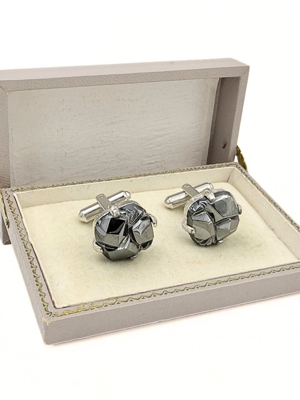 Swank Signed MCM Gray Glass Abstract Geometric Silver Plate Brutalist Cufflinks